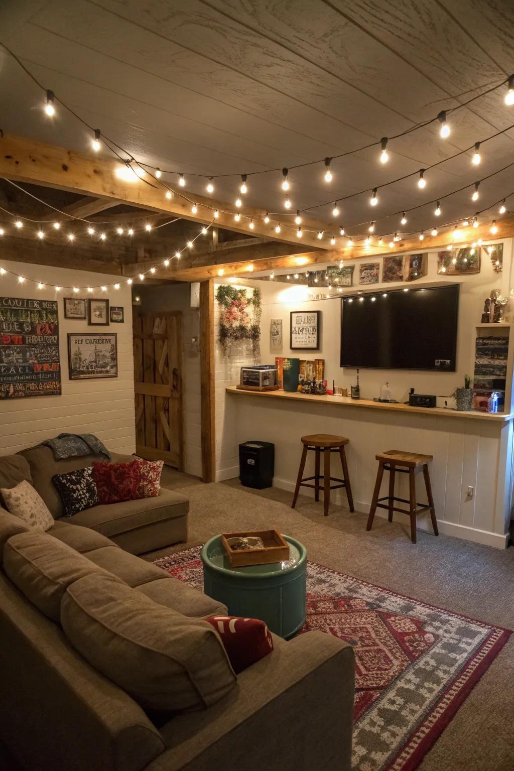 String lights draped across the ceiling make for a magical and whimsical atmosphere.