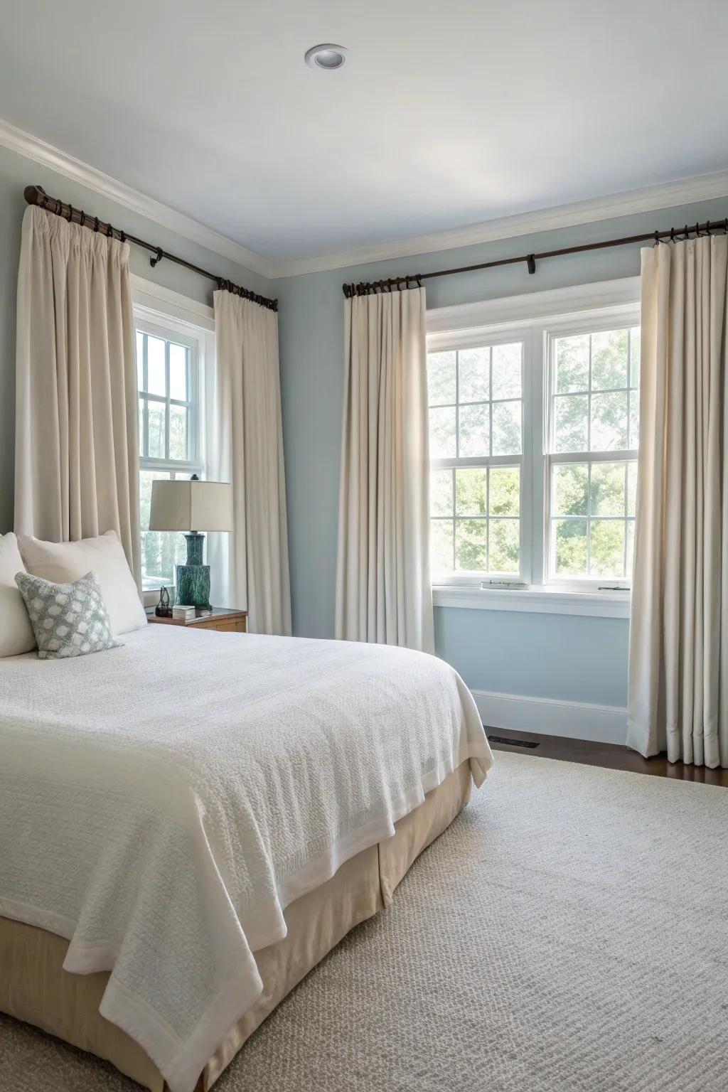 High-hung curtains create a sense of height in a small master bedroom.