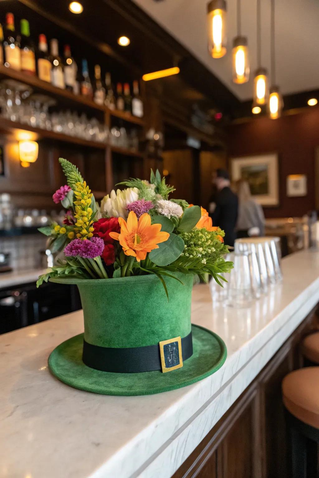 Leprechaun hat centerpieces add a playful and festive touch.