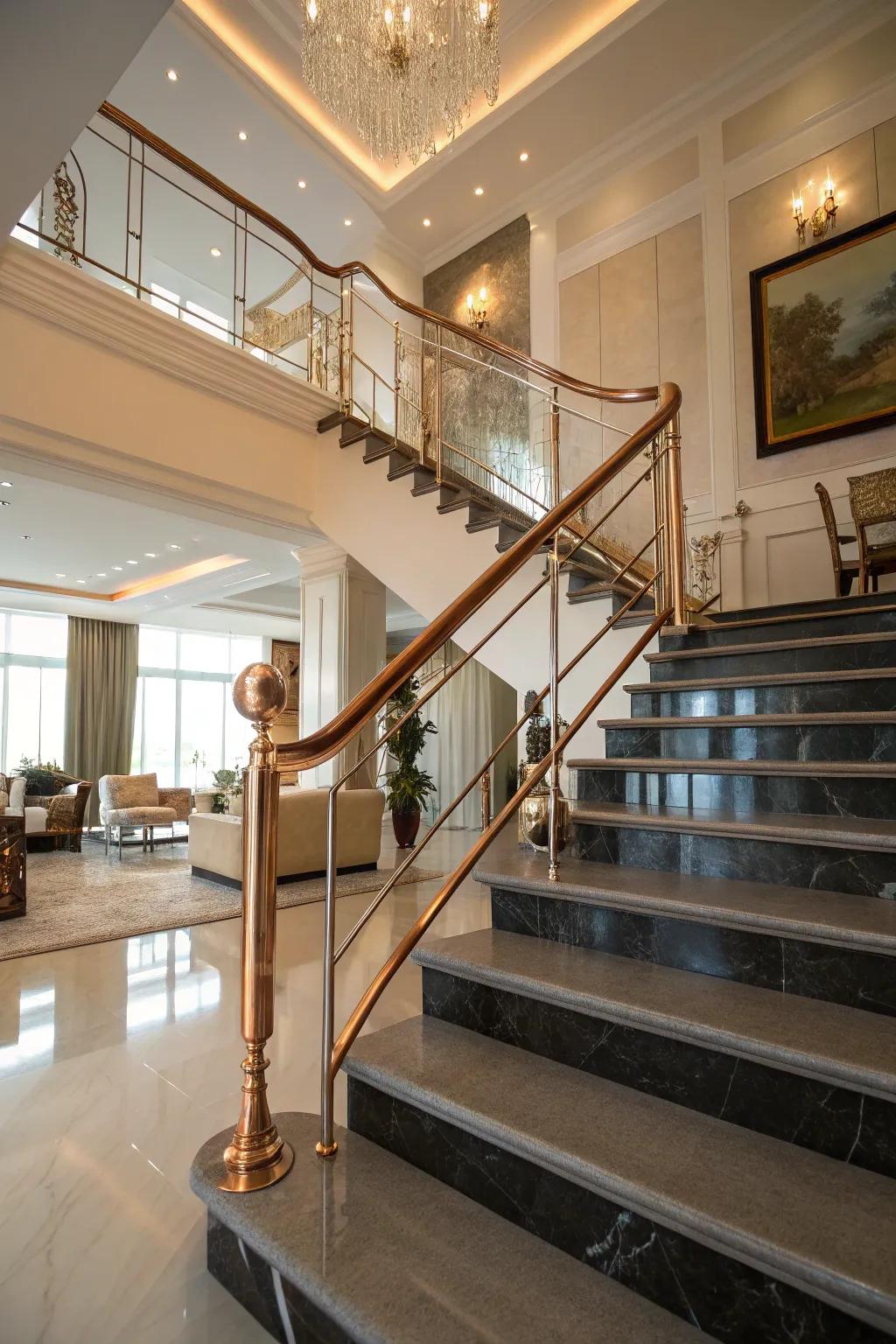 Metallic accents can add a touch of luxury and elegance to your stairs.