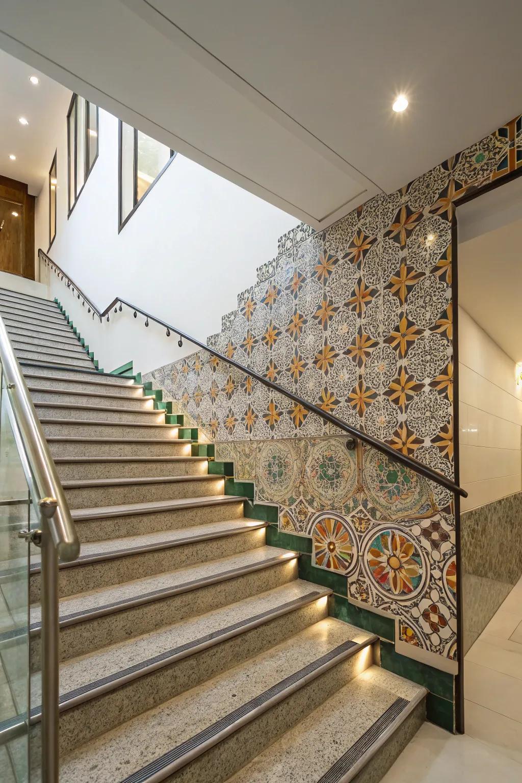 Tiled walls add texture and vibrancy to your staircase.