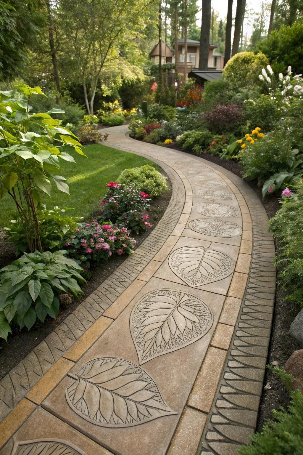 Garden path with nature-inspired leaf pattern stamped concrete border