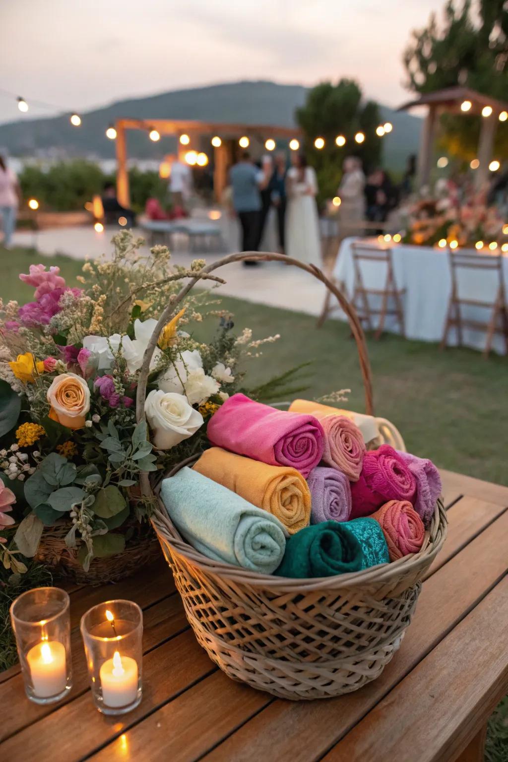 A basket of pashminas for guest comfort at an outdoor wedding.