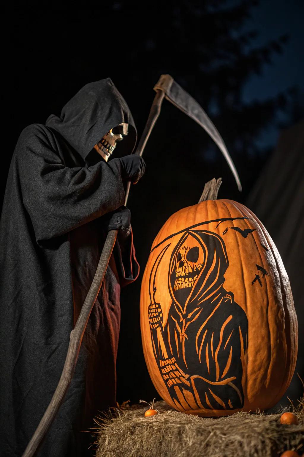 Infuse a chilling presence with a somber harvester pumpkin design.