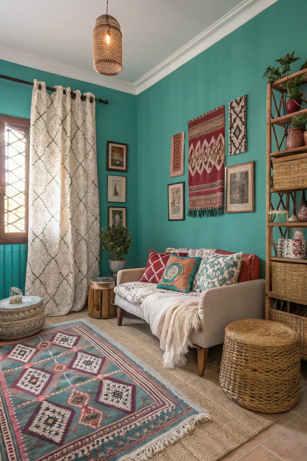 Eclectic decor style with teal walls as a backdrop.