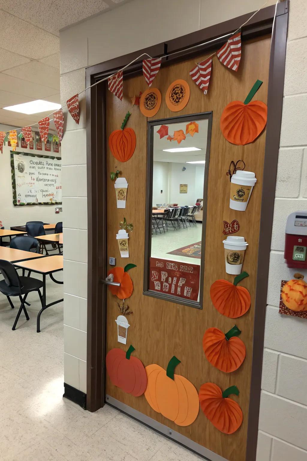 A trendy Pumpkin Spice door display embracing fall flavors.