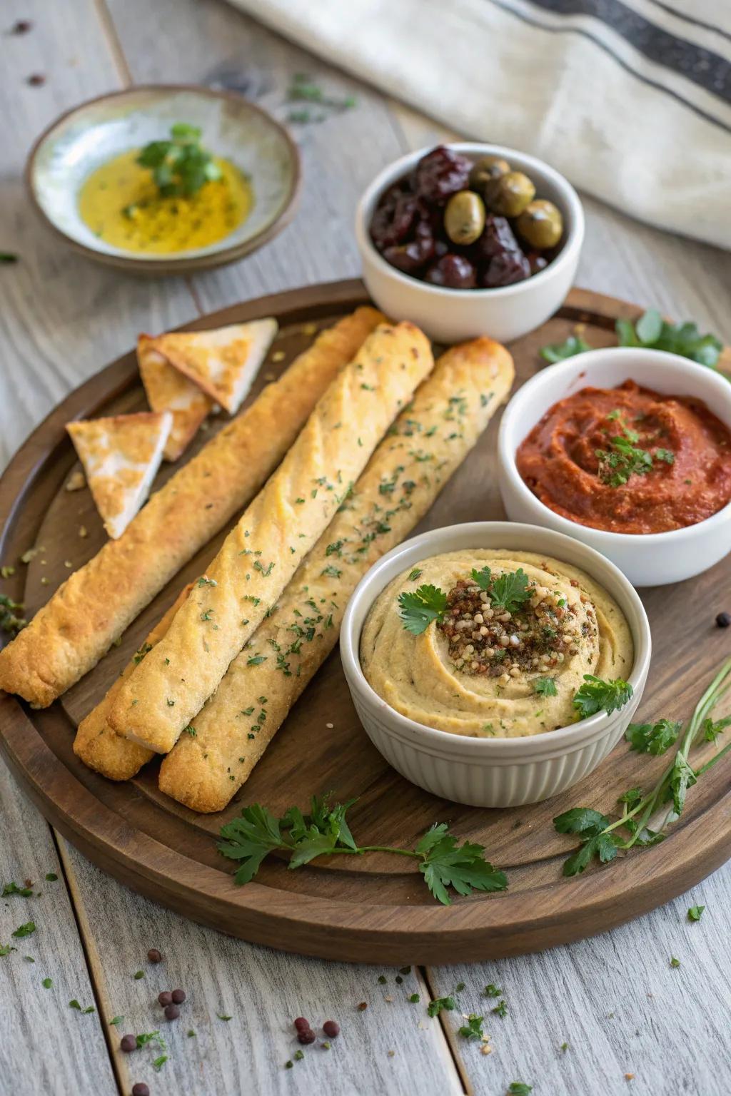 Breadsticks and dips make a flavorful snack.