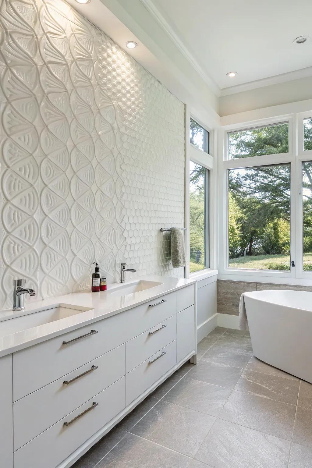 A white bathroom featuring patterned wall boards that add depth and visual appeal.