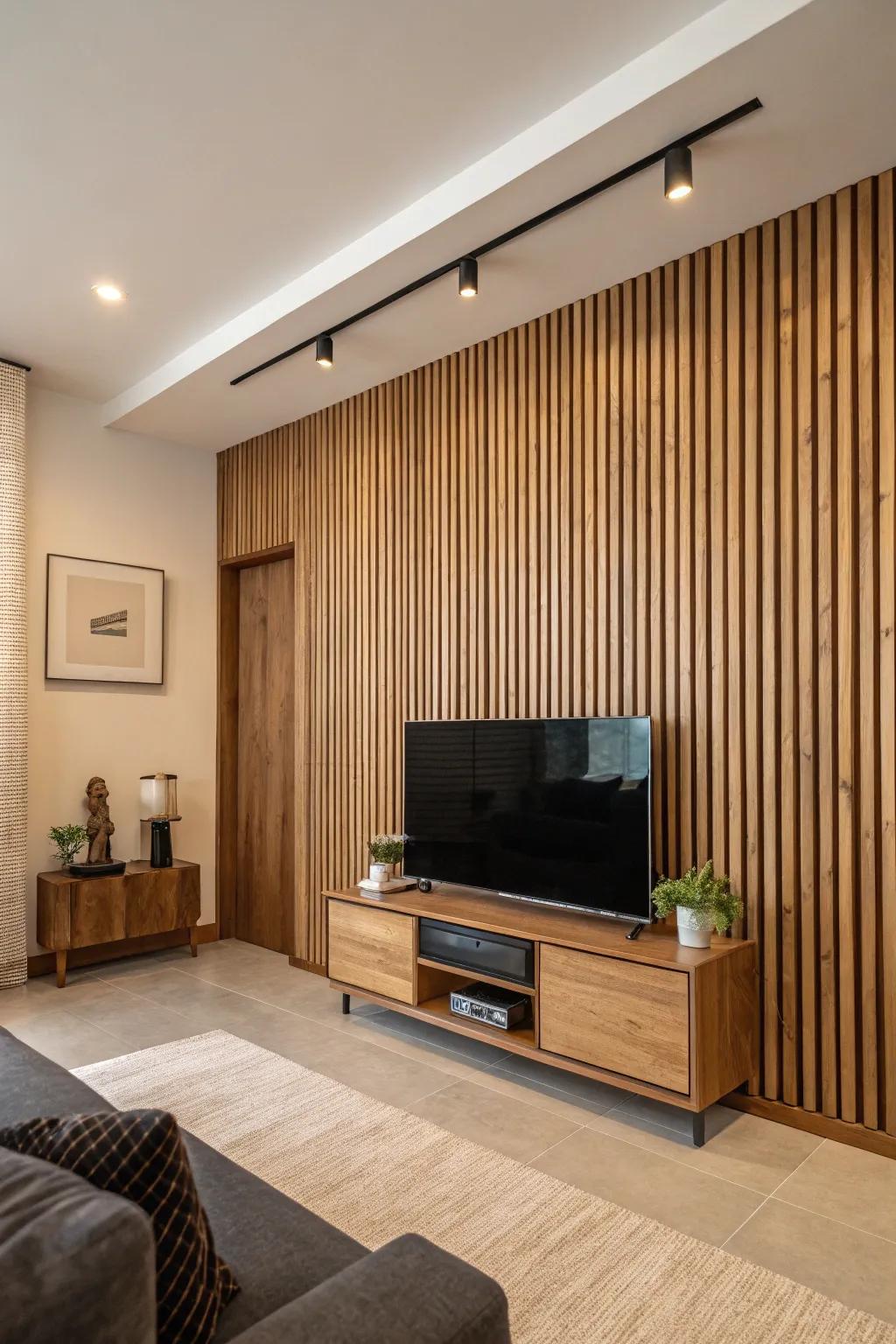 A stylish TV wall featuring vertical wood slats.