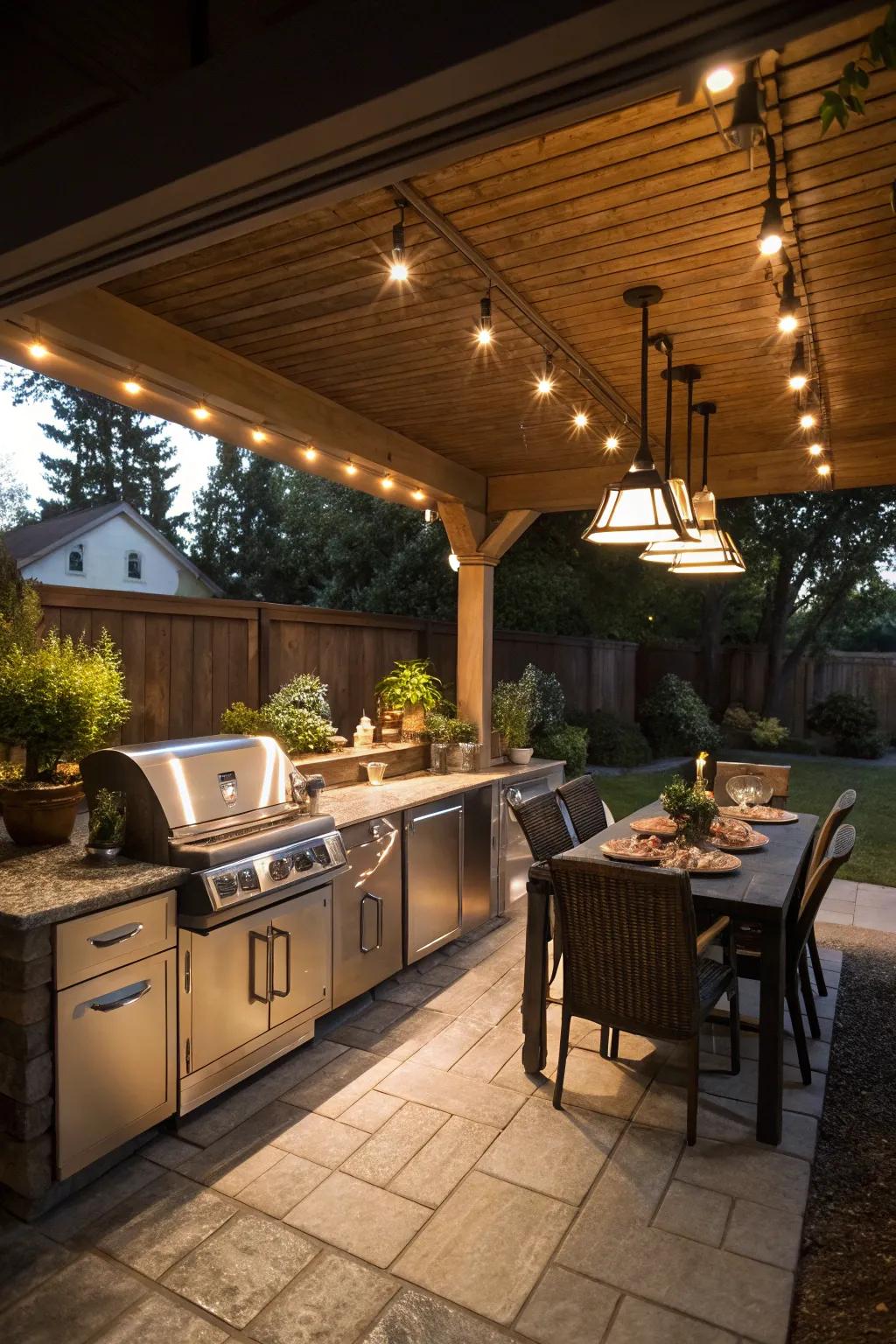 Under eave lighting enhances the functionality of outdoor kitchens.