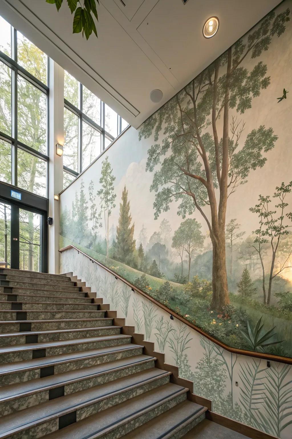 Create a restorative effect using nature-inspired murals.