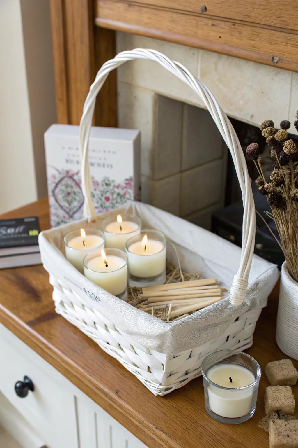 A candlelit ambiance white gift basket for a warm glow.