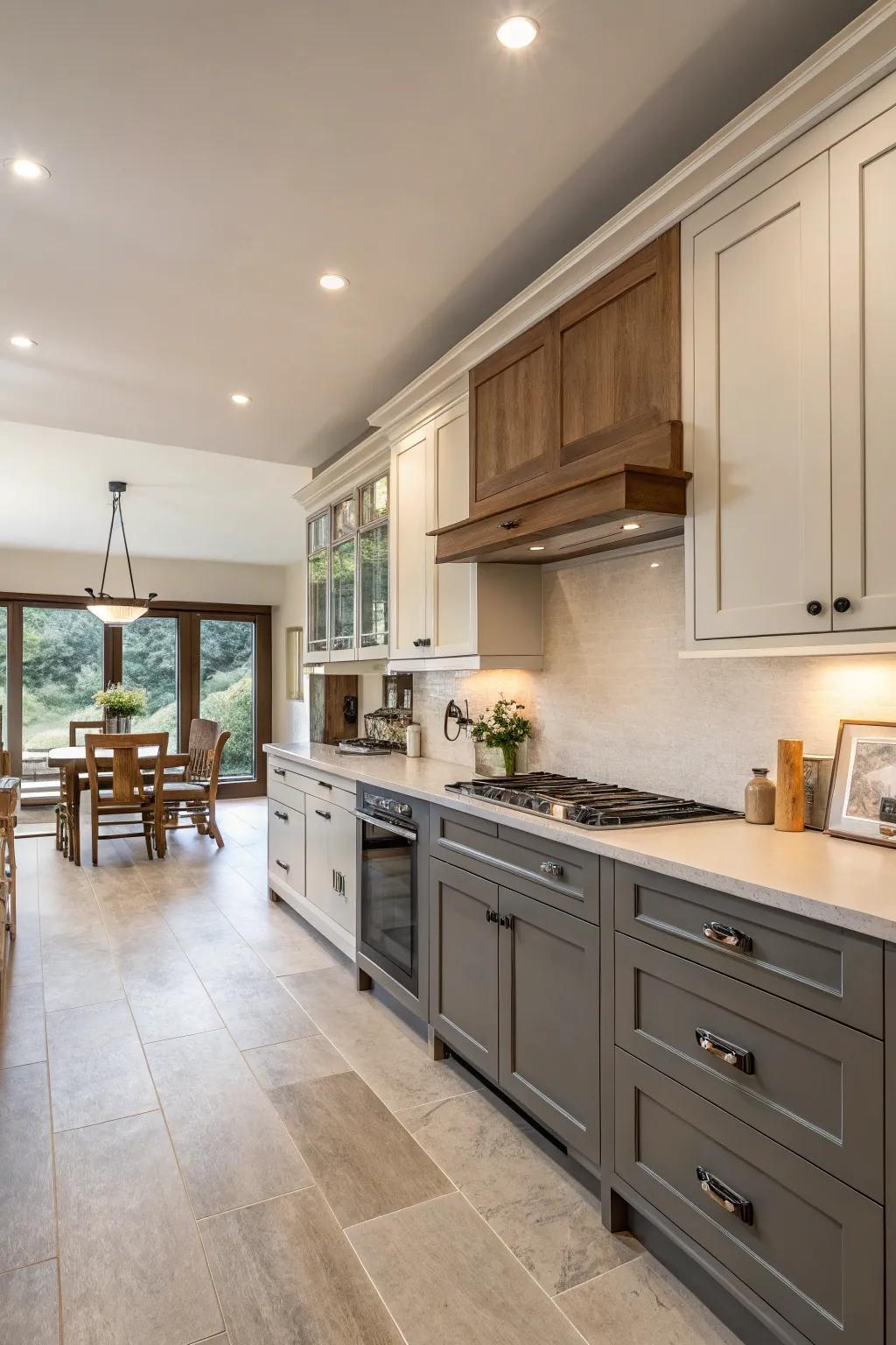 Two-tone cabinets contributing visual intrigue to a spacious galley kitchen.