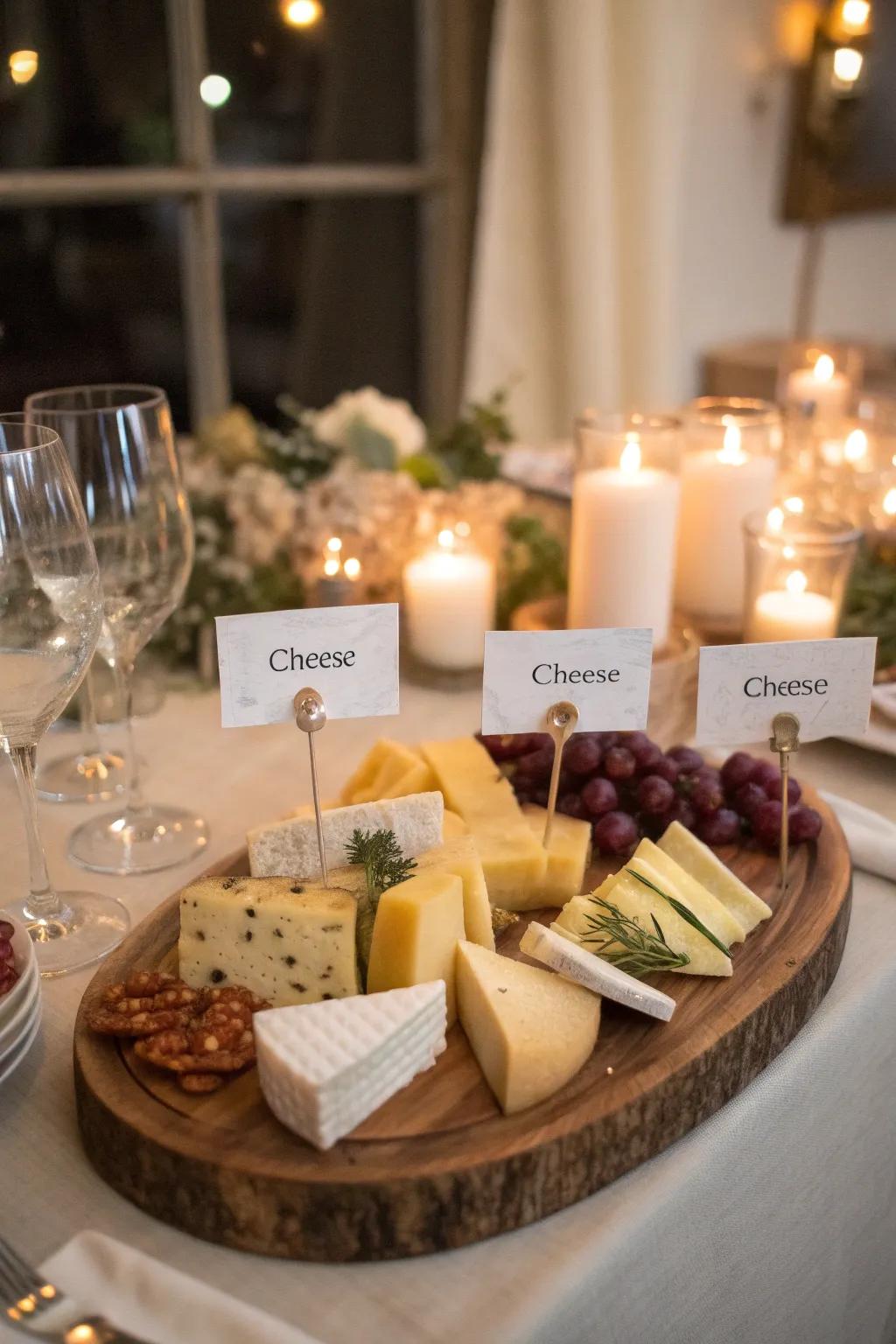 Personalized cheese labels add a thoughtful detail to your platter.