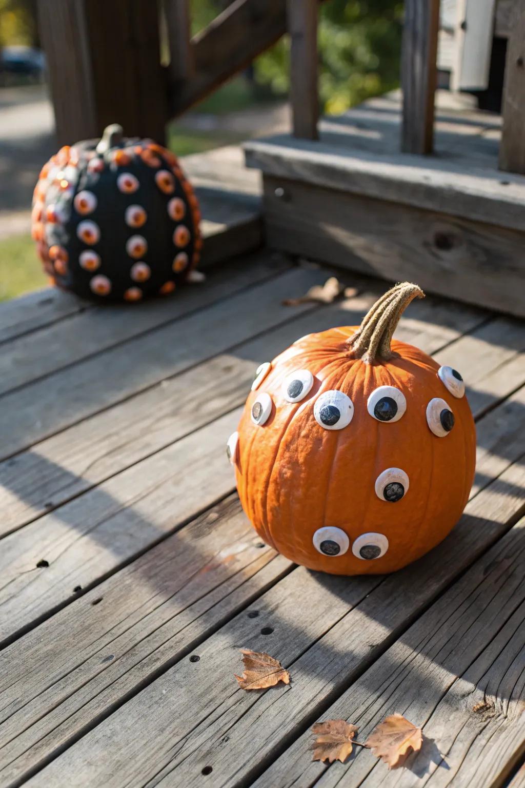 Pumpkin with eerie eyeball decorations.