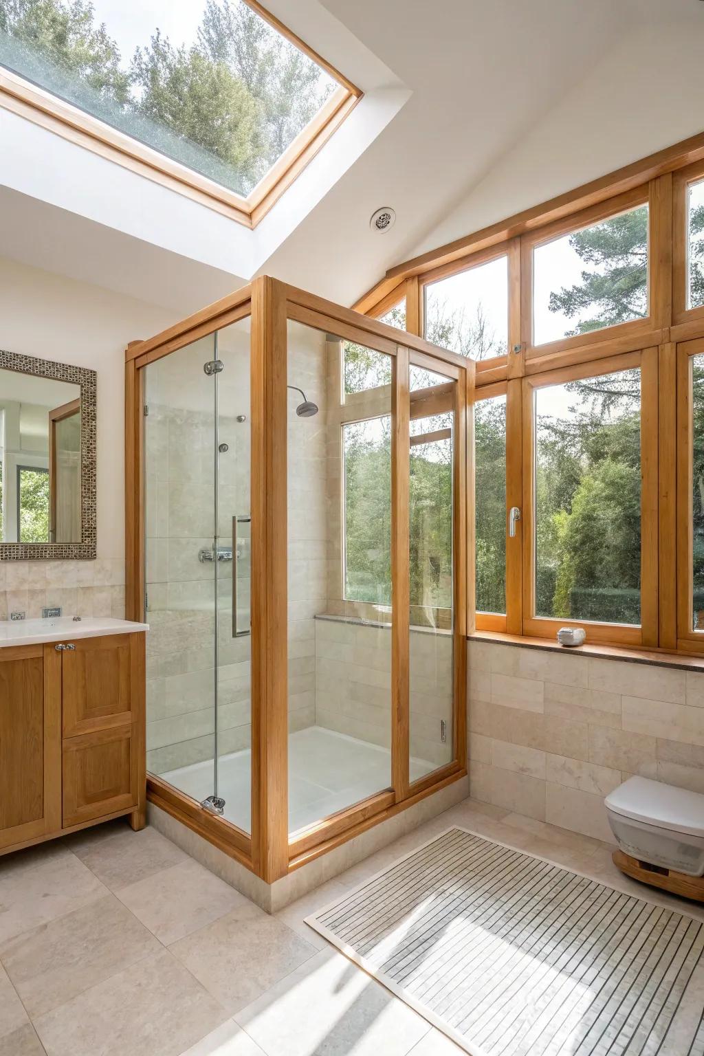 Wood surrounds with clear glass allow sunlight to flood the bathroom.