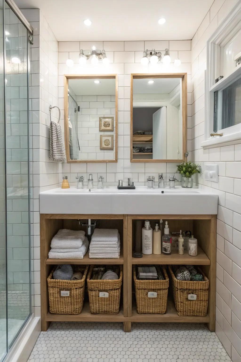 Smart covered storage spots keeping the bathroom clutter-free.