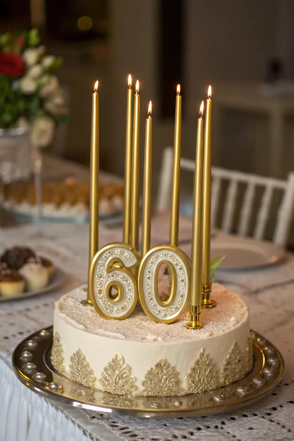 Illuminate the cake with tall gold candles.