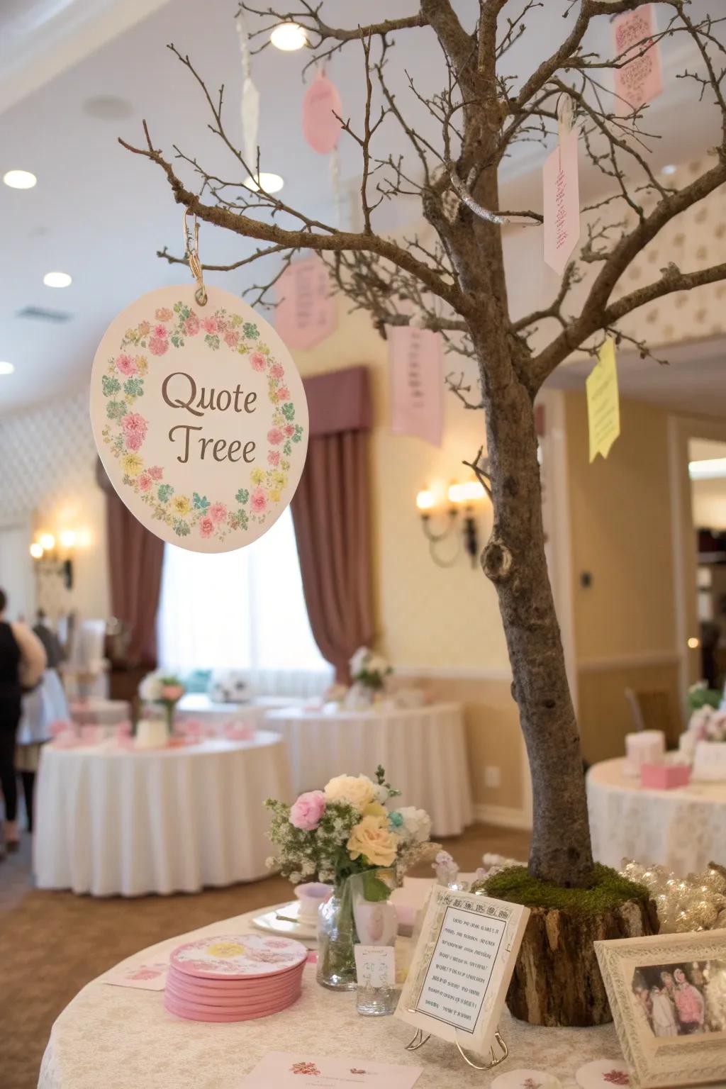 A baby quote tree with beautifully printed quotes hanging.