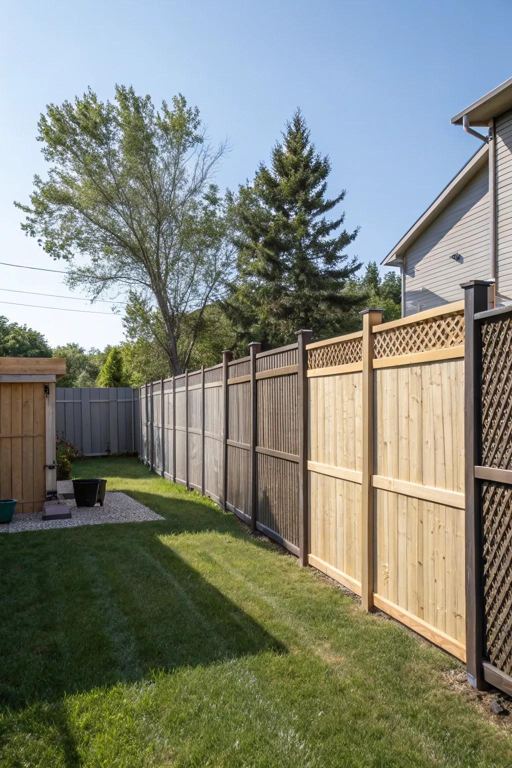 Layered fencing adds depth and dynamic design to the backyard.