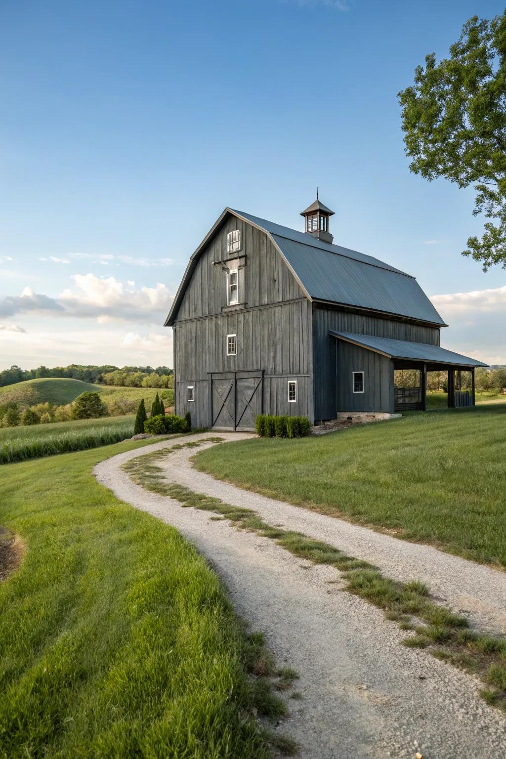 A sophisticated charcoal gray barn that adds modern elegance to the countryside.