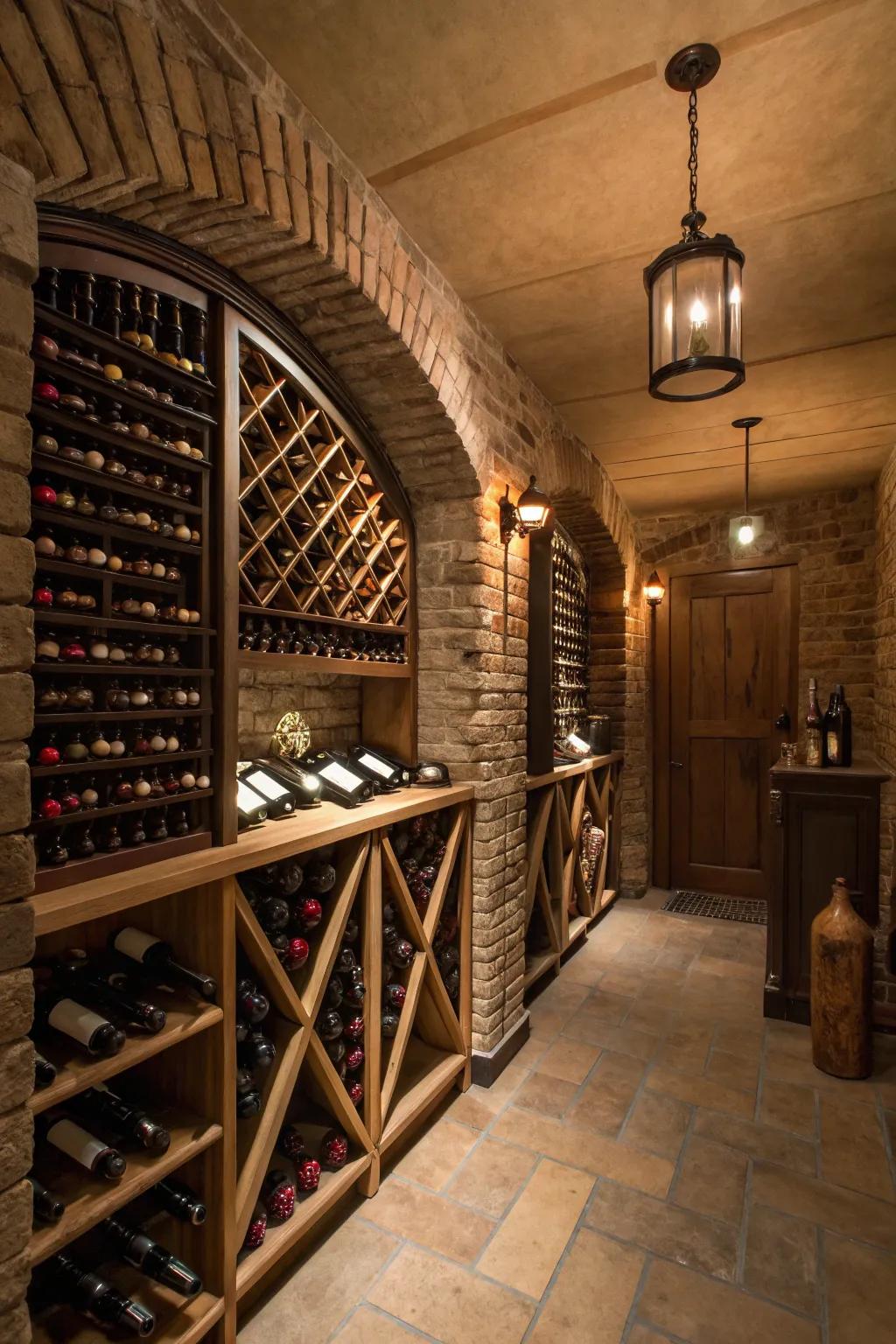 A chic basement wine cellar with elegant wine racks.