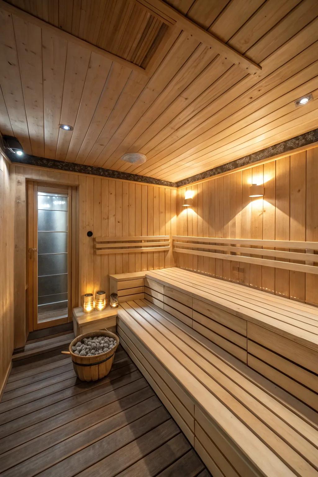 A luxurious sauna in the basement with natural wood finishes and soft lighting.