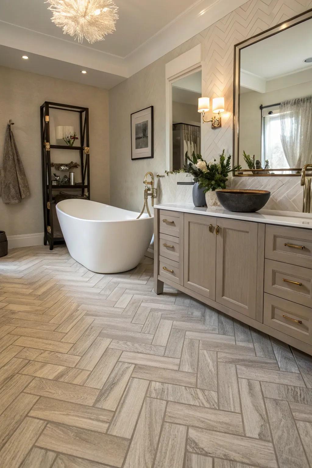 Herringbone vinyl flooring adds elegance and sophistication to this bathroom.