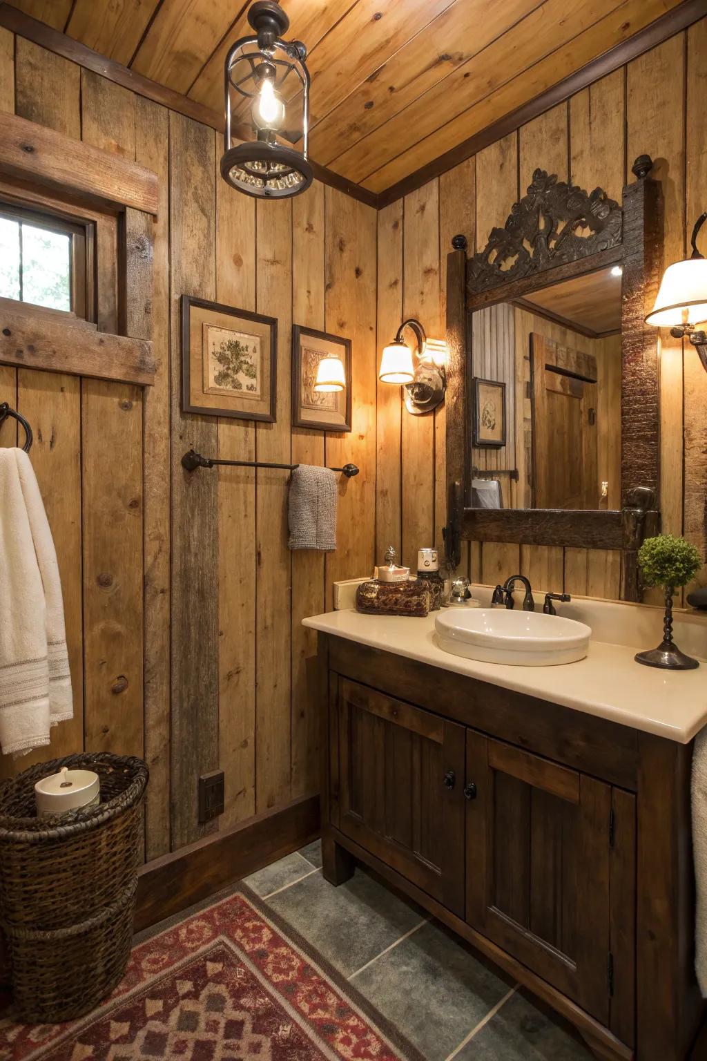 Rustic barnwood panels create country charm.