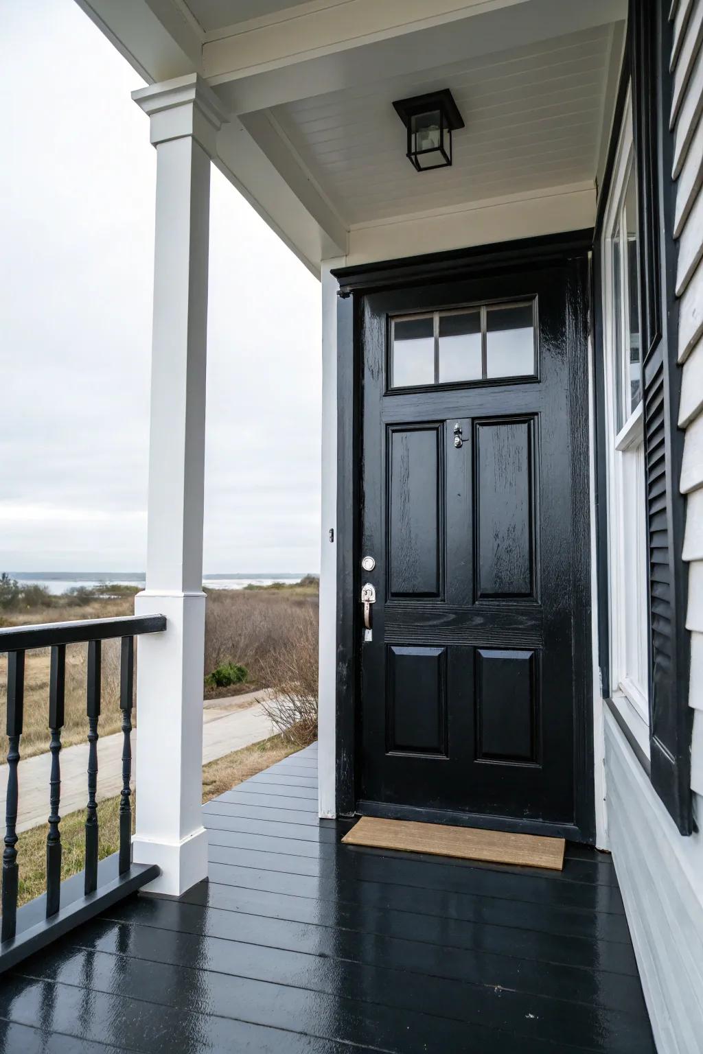 A freshly painted bold black door transforming a black porch.