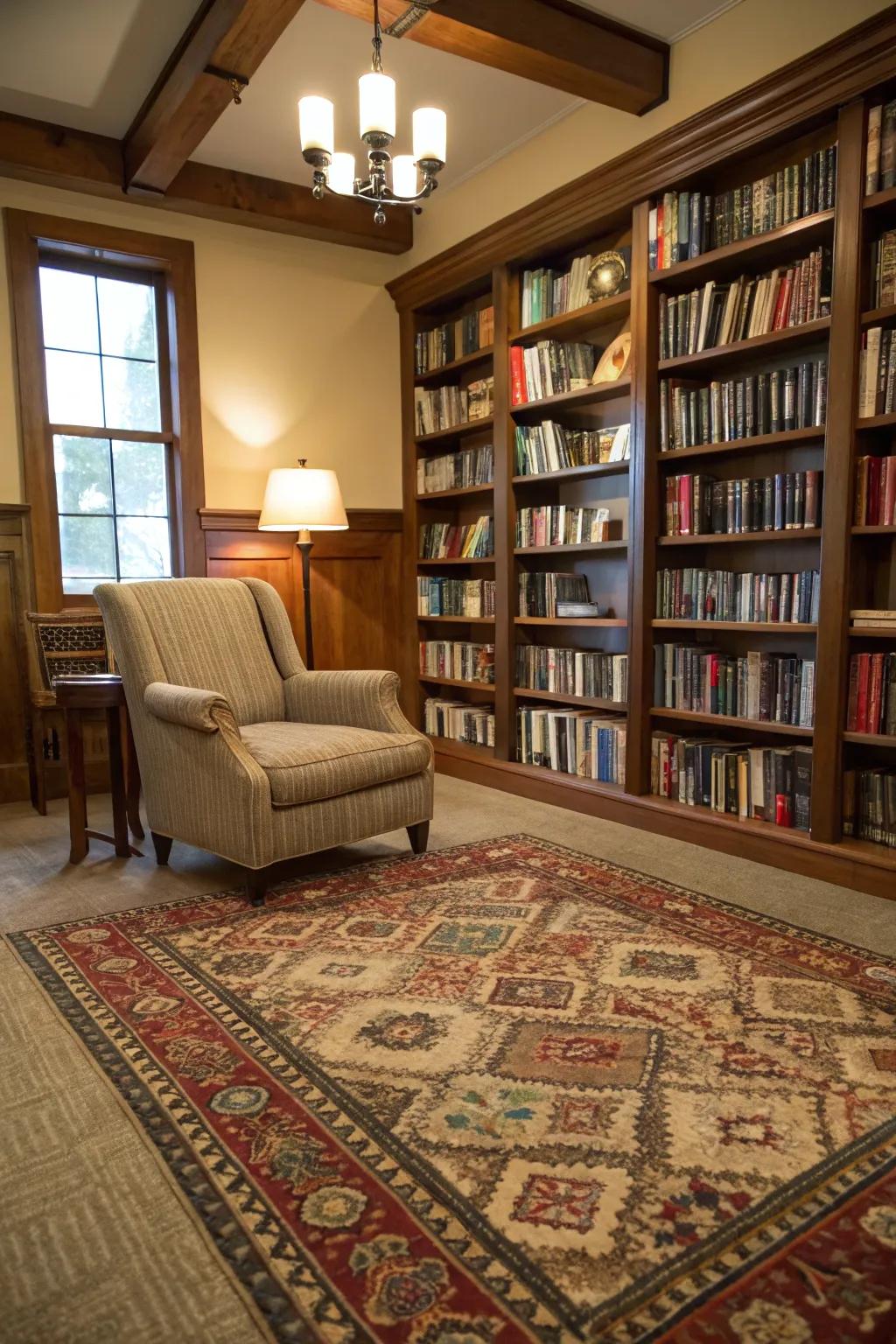 A plush rug providing comfort and style to the book room.