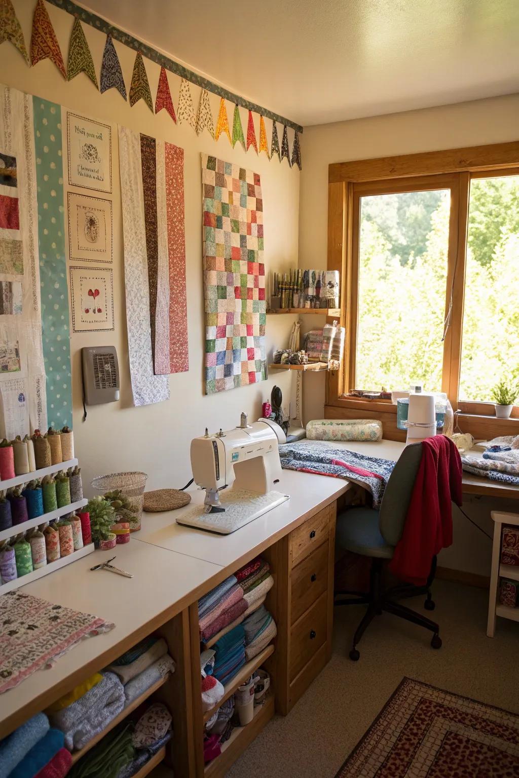 Fabric scrap borders add a crafty, colorful touch to sewing rooms.