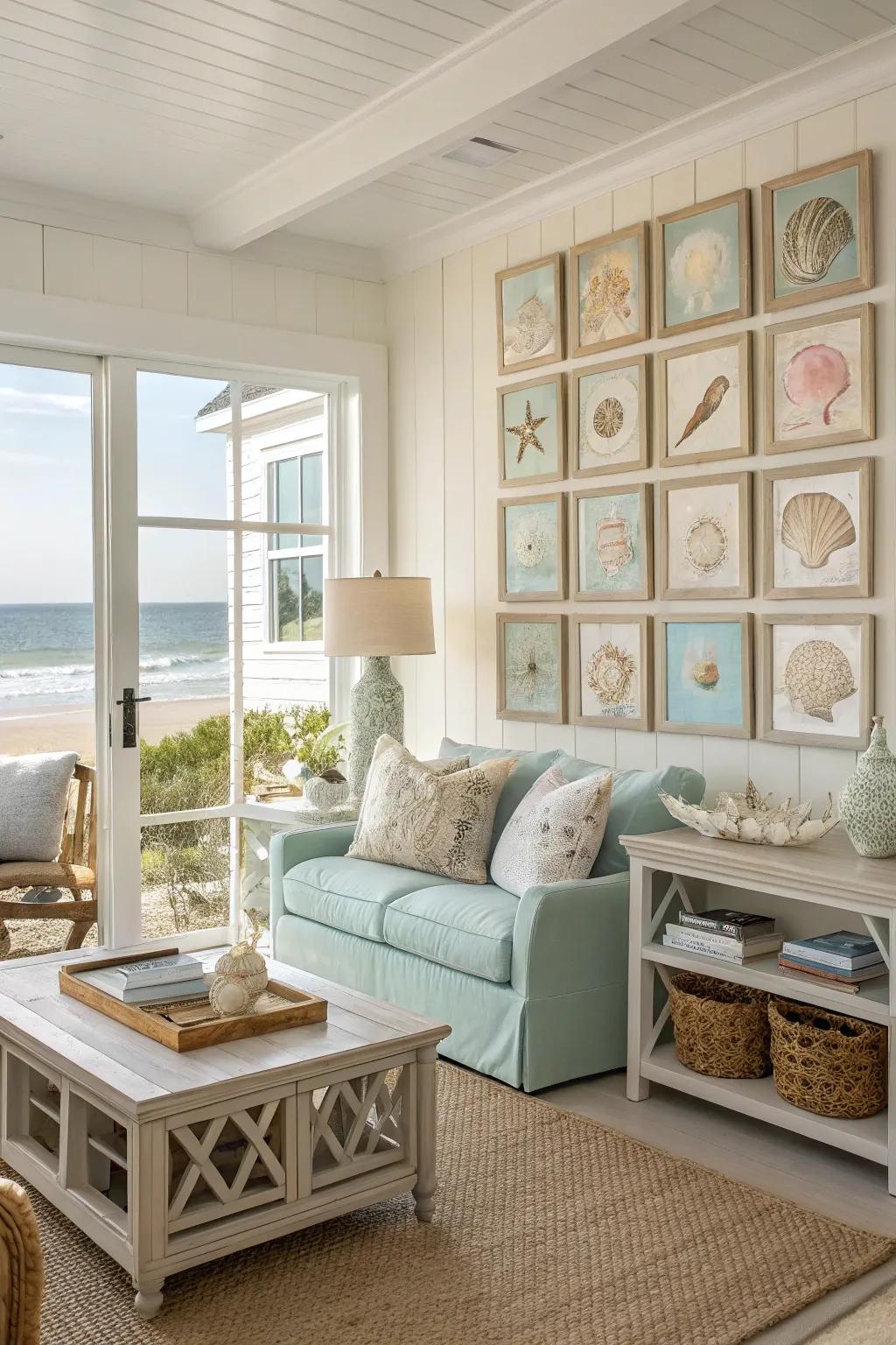 Seashell art creates a relaxed, beachy vibe.