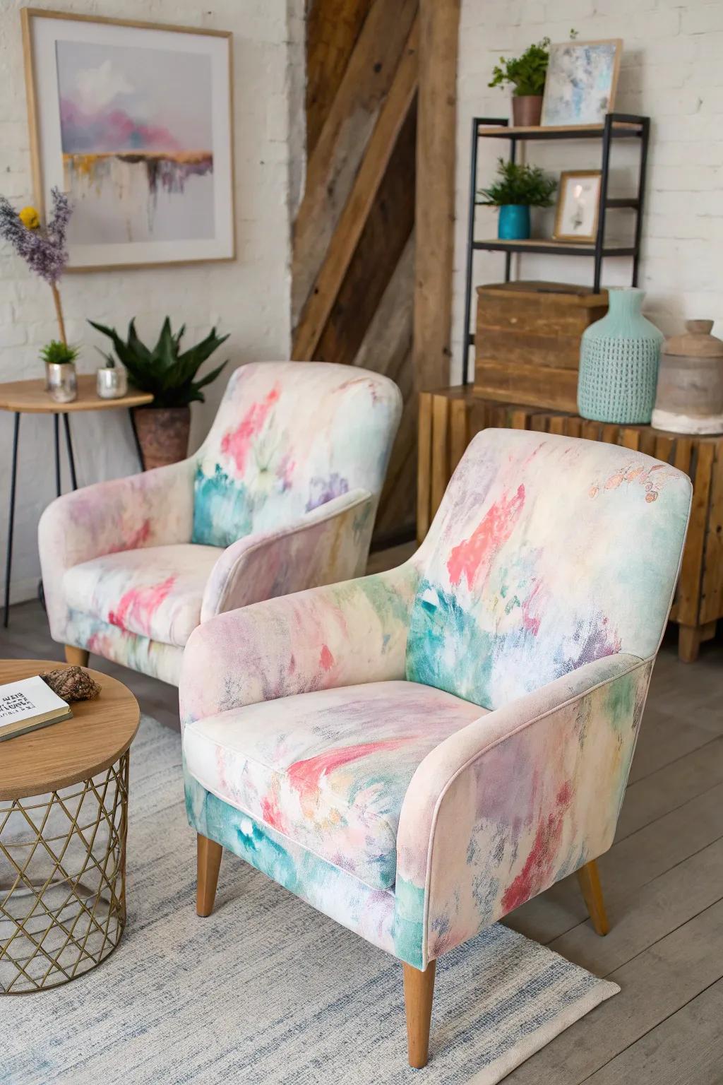 Art-inspired fabrics can transform your chairs into masterpieces.