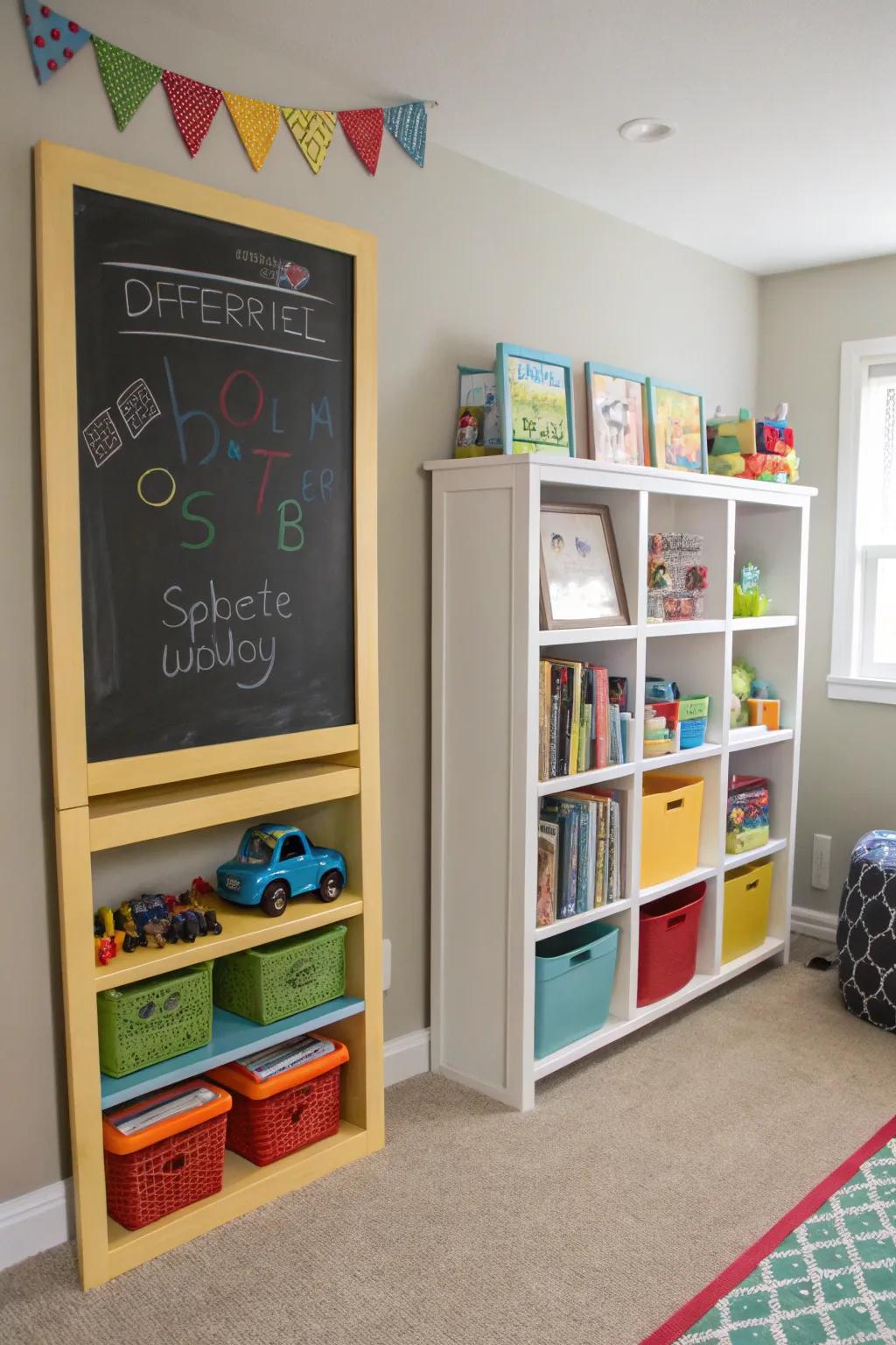 Play shelves combine storage with play.