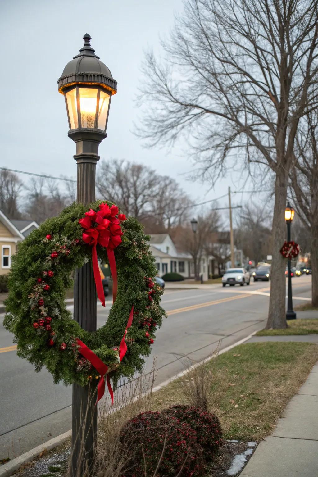 A welcoming wreath warms up a wintery lamp post.