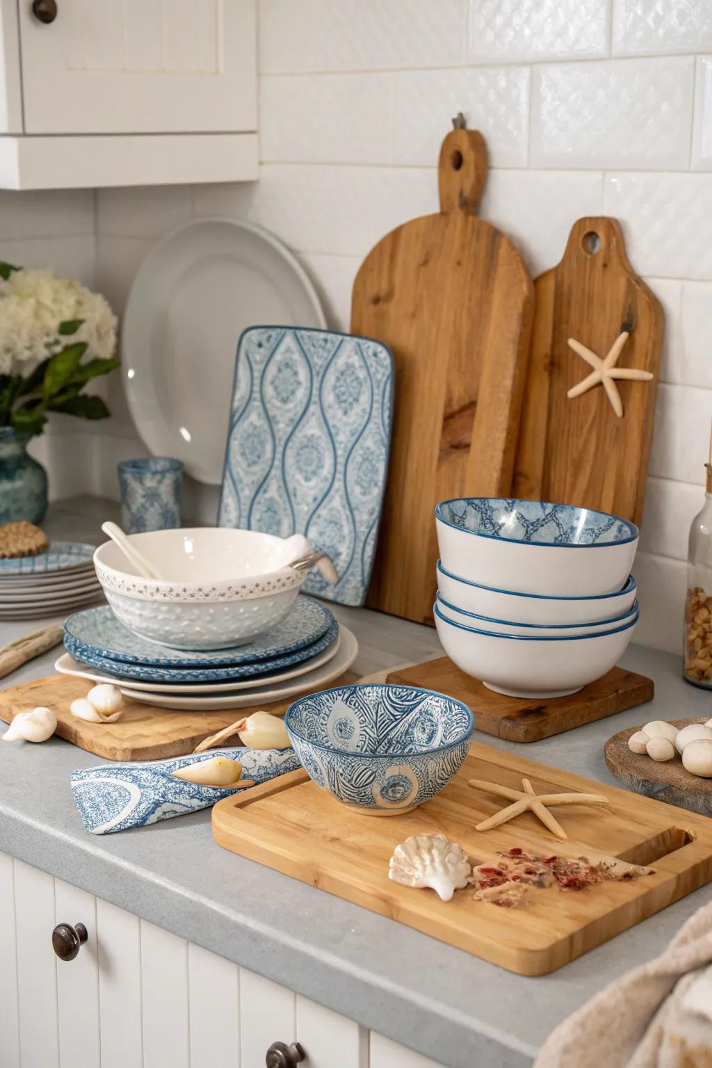 A coastal kitchen brings seaside charm to daily life.