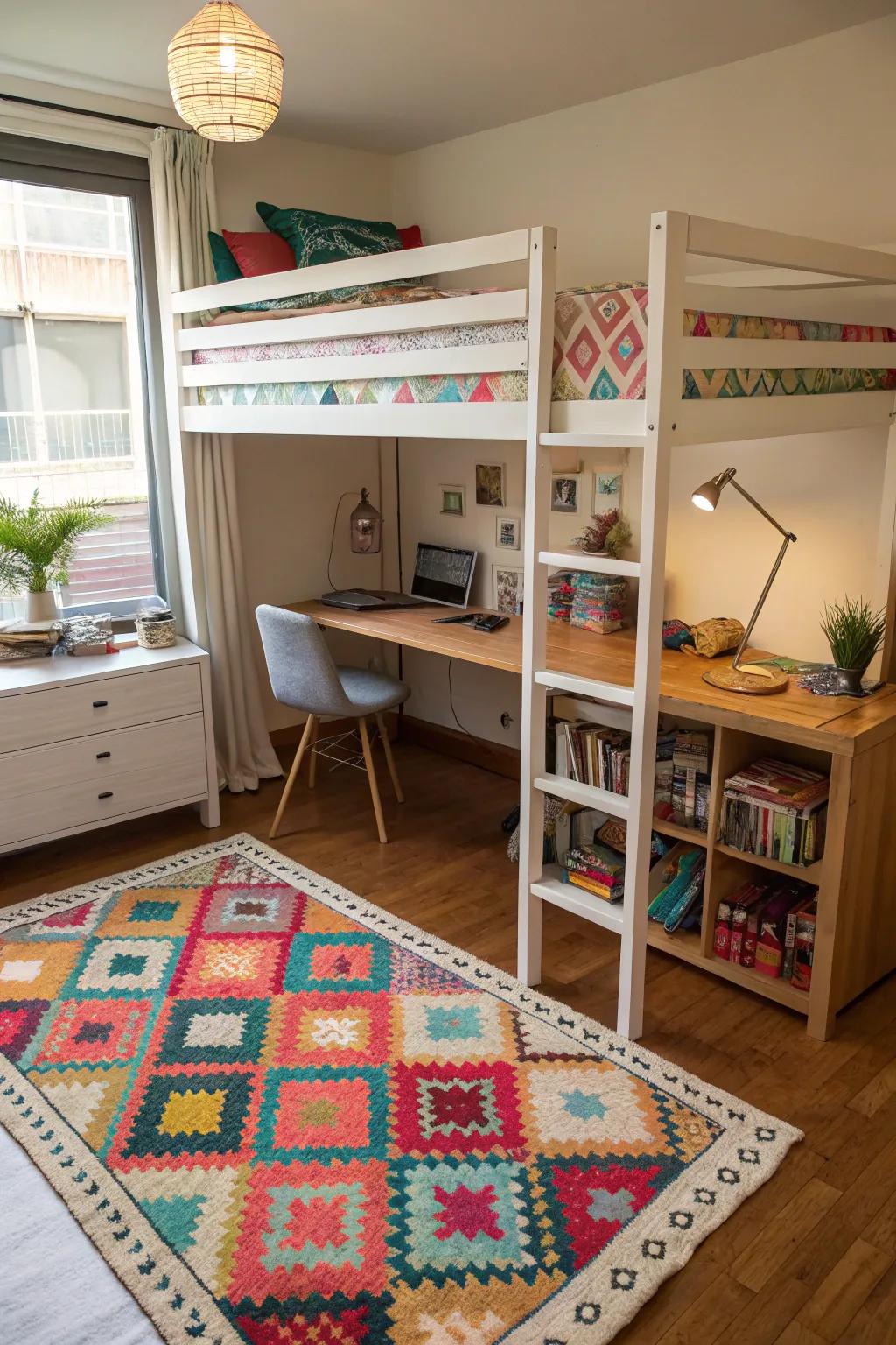 A colorful rug adds warmth and personality to your dorm room.