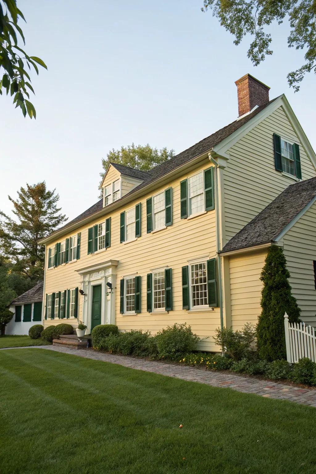 A warm and inviting colonial home with a pale amber façade and dark evergreen window coverings.