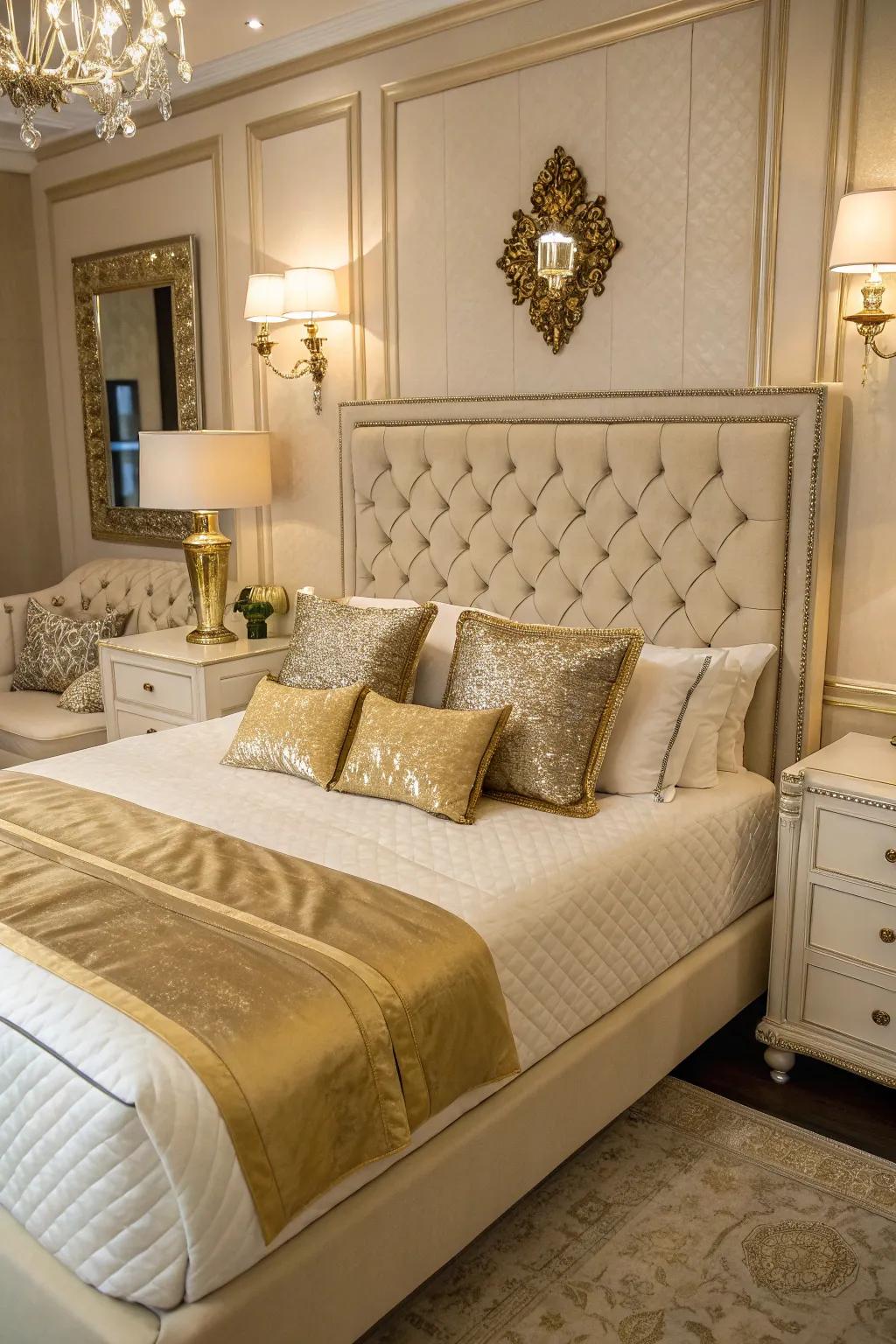 Gold accent pillows bring a pop of luxury and color to the room.