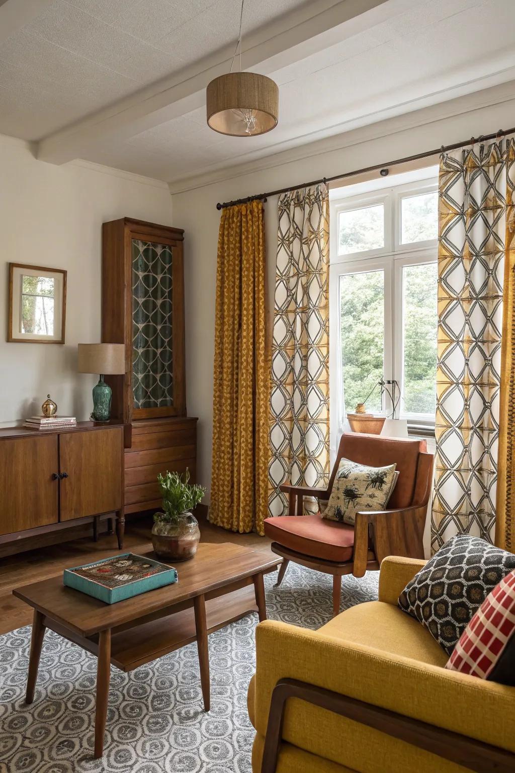 Geometric patterns add retro charm.