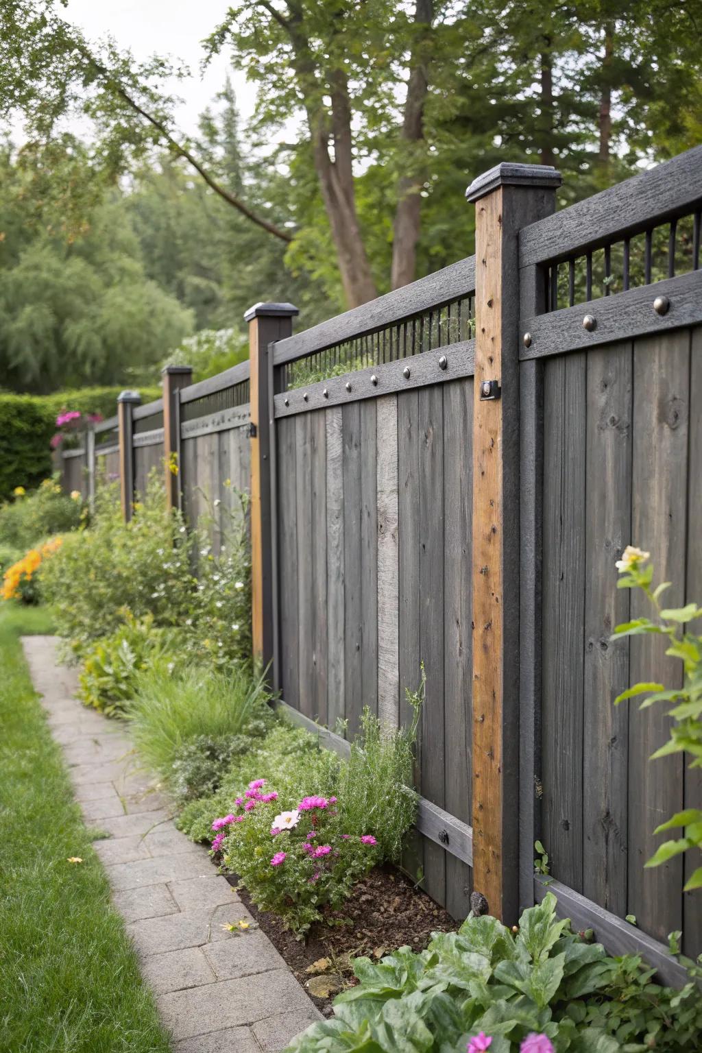 A textured garden look with a dark grey fence featuring mixed materials like wood and metal.