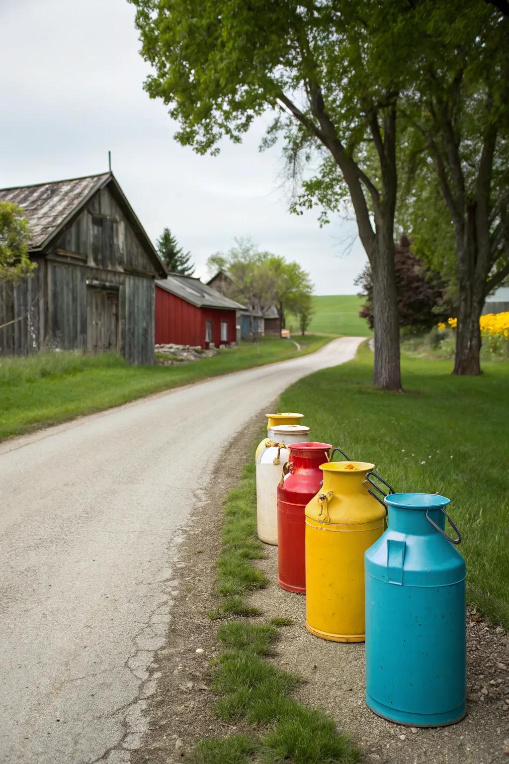 Vintage milk cans provide a quirky and cheerful marker.