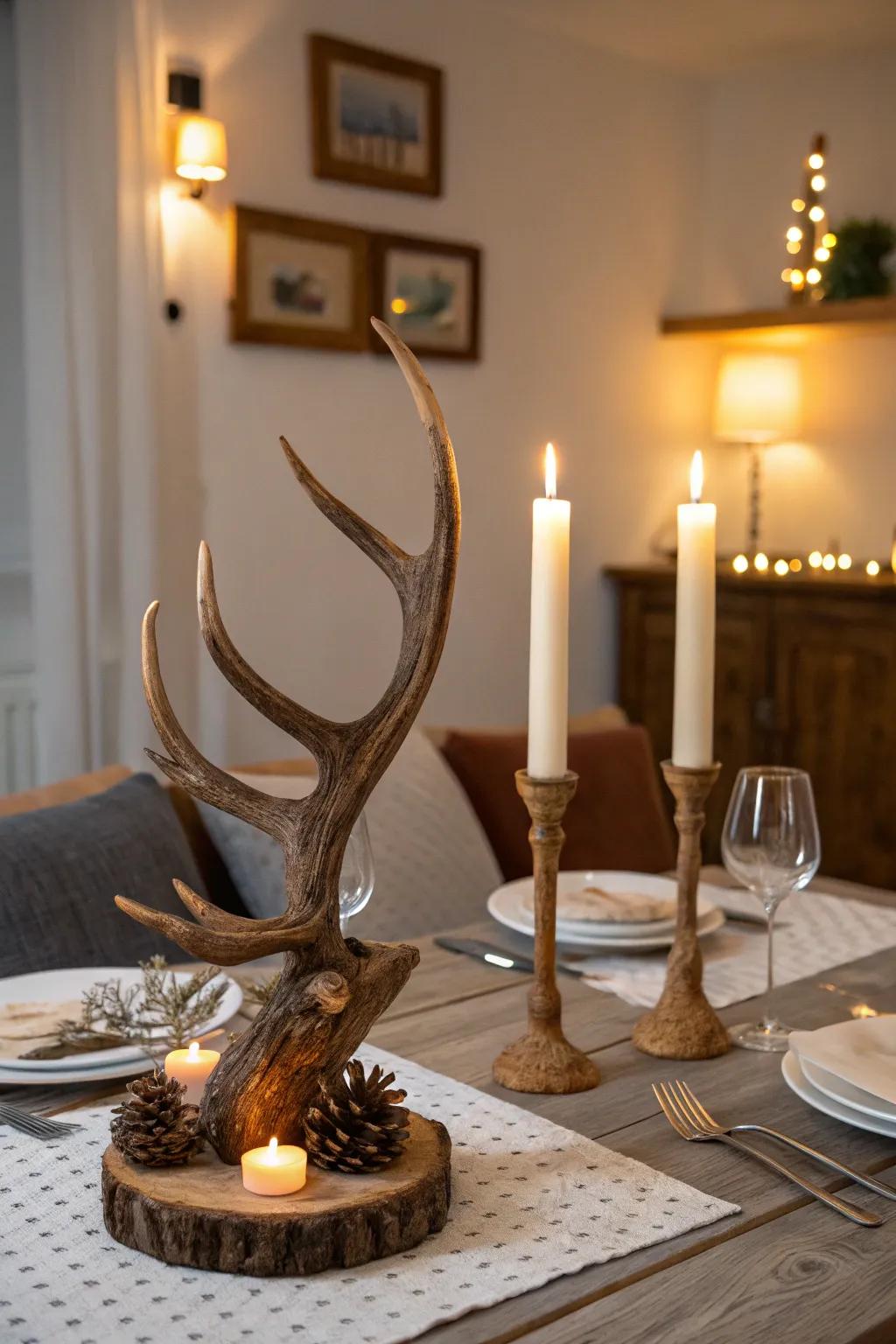 Antler candle holders cast a warm, inviting glow on a dining table, perfect for entertaining.