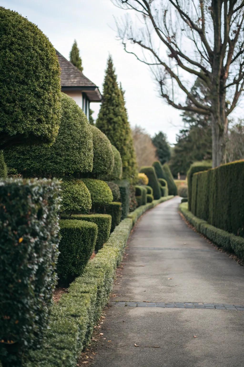 Layered hedges adding depth and interest to a driveway landscape.