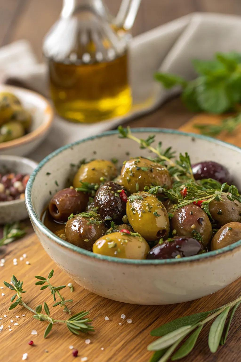 Herb marinated olives, a savory snack for brunch.