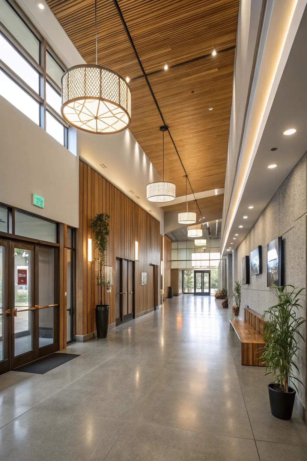 Eco-friendly lighting adds a sustainable touch to this modern foyer.