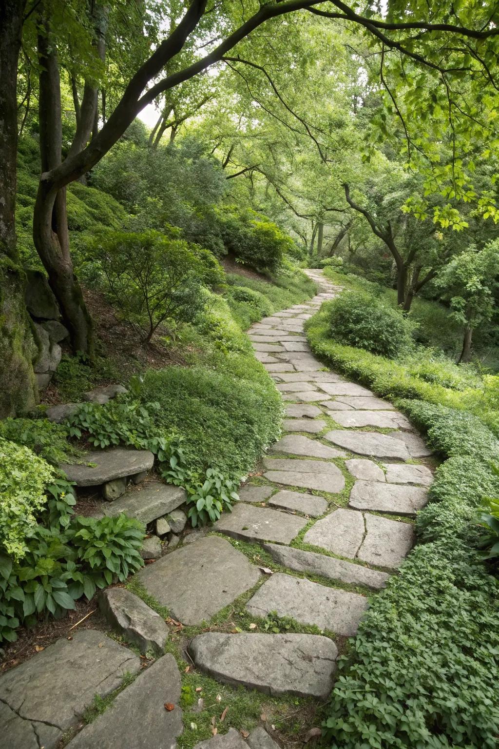 A naturally integrated flagstone path that complements its surroundings.