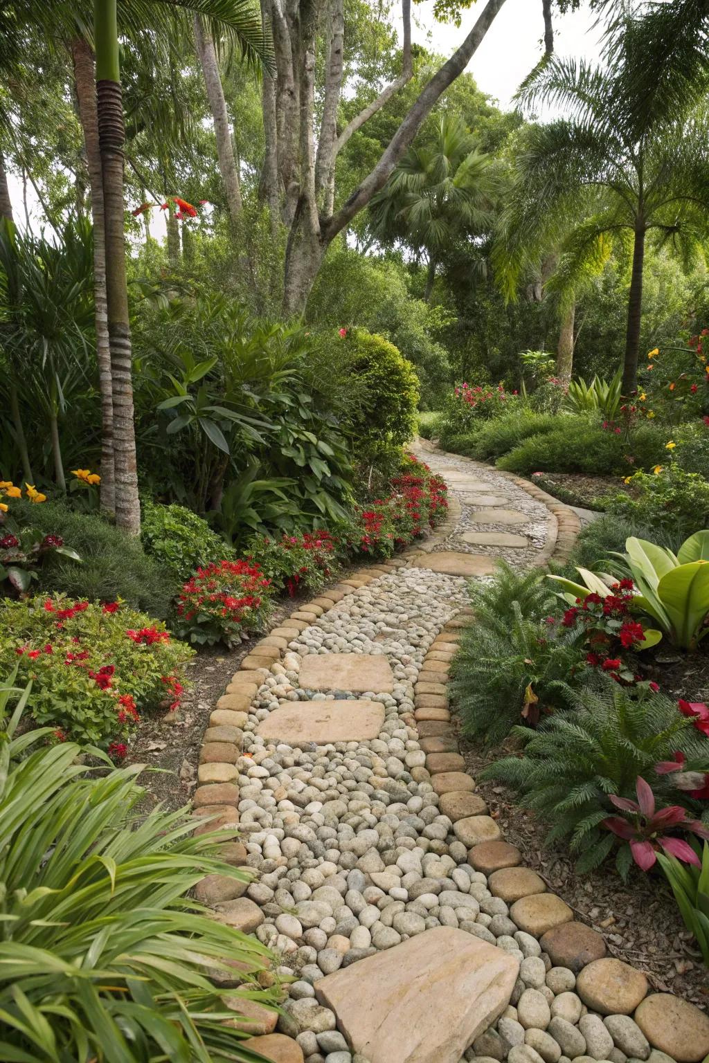 Stones and pebbles add a decorative touch to pathways and borders.