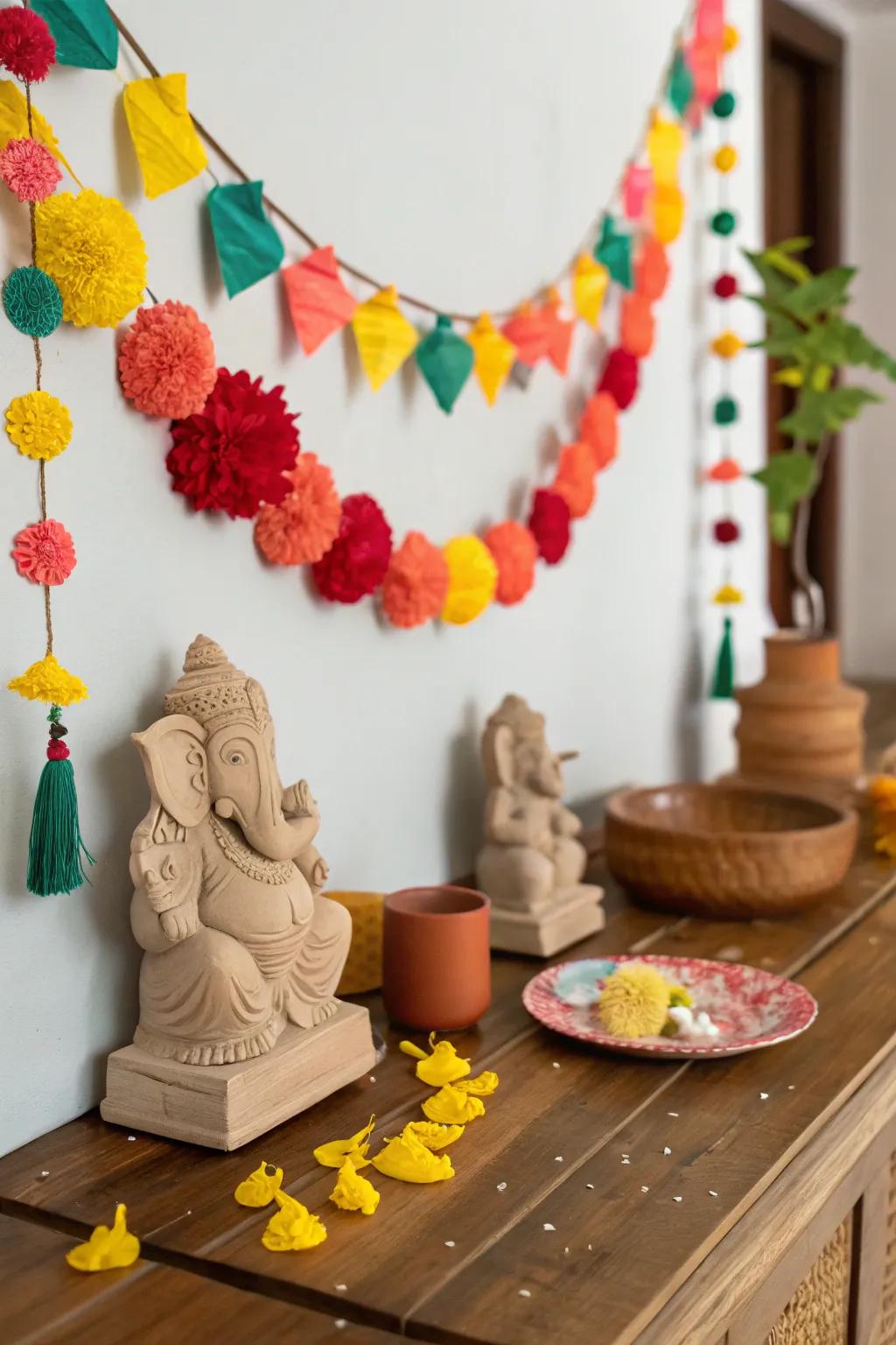 DIY crafts such as paper garlands and clay figurines, perfect for family bonding during the festival.